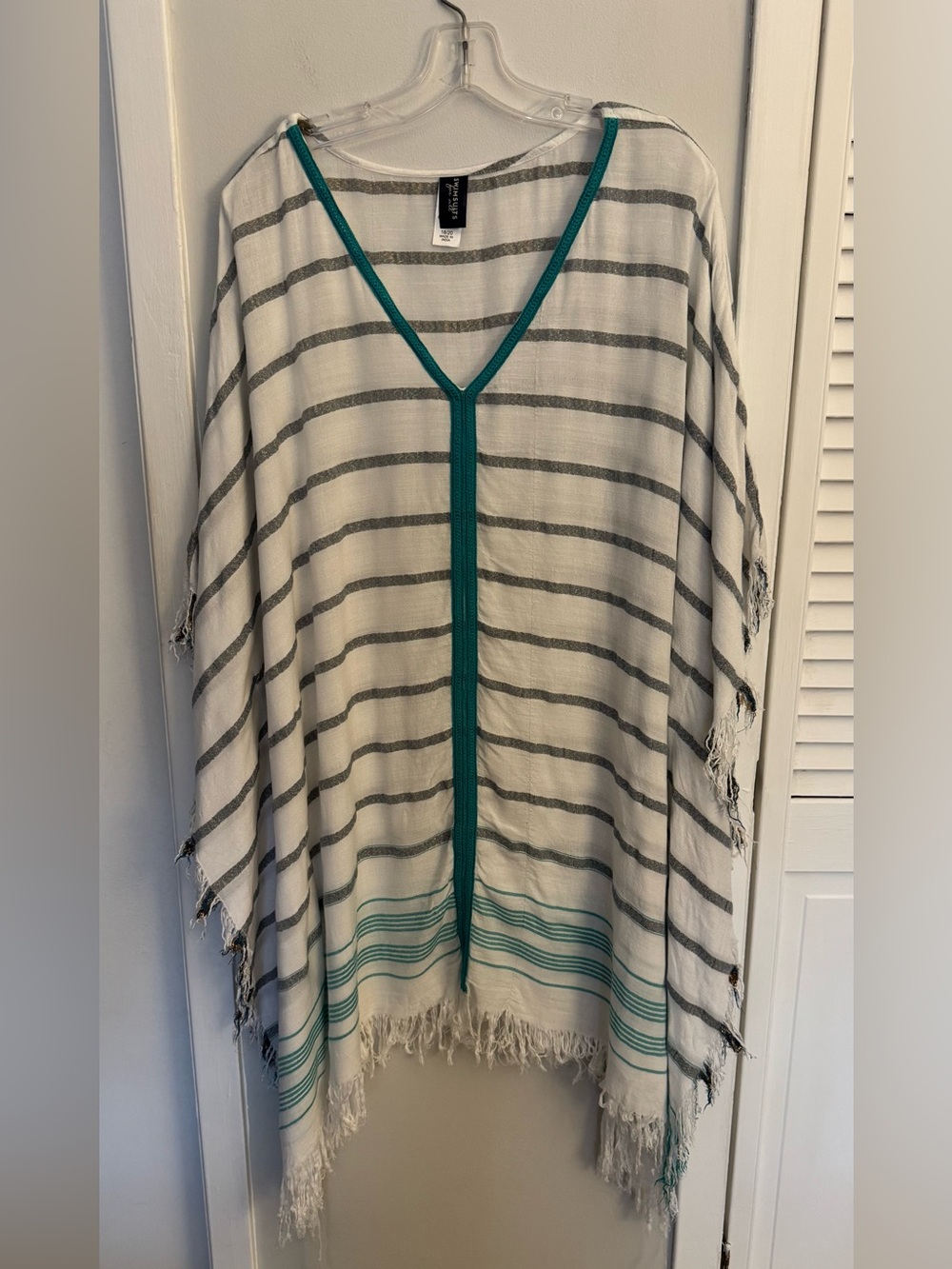 Swimsuits For All White and Turquoise Striped Fringe Swim Cover Up 18/20